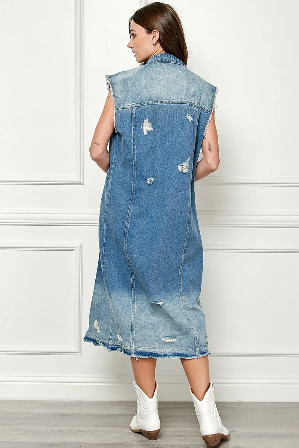 Full Size Distressed Sleeveless Longline Denim Jacket for Women