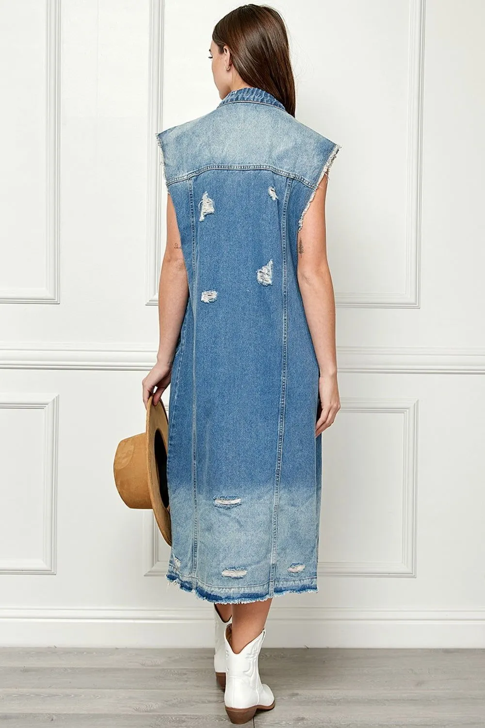 Full Size Distressed Sleeveless Longline Denim Jacket for Women
