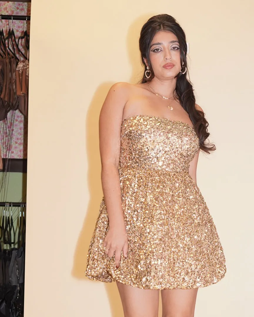 Gold Pleated Off Shoulder Bubble Hem Strapless Sequin Mini Dress