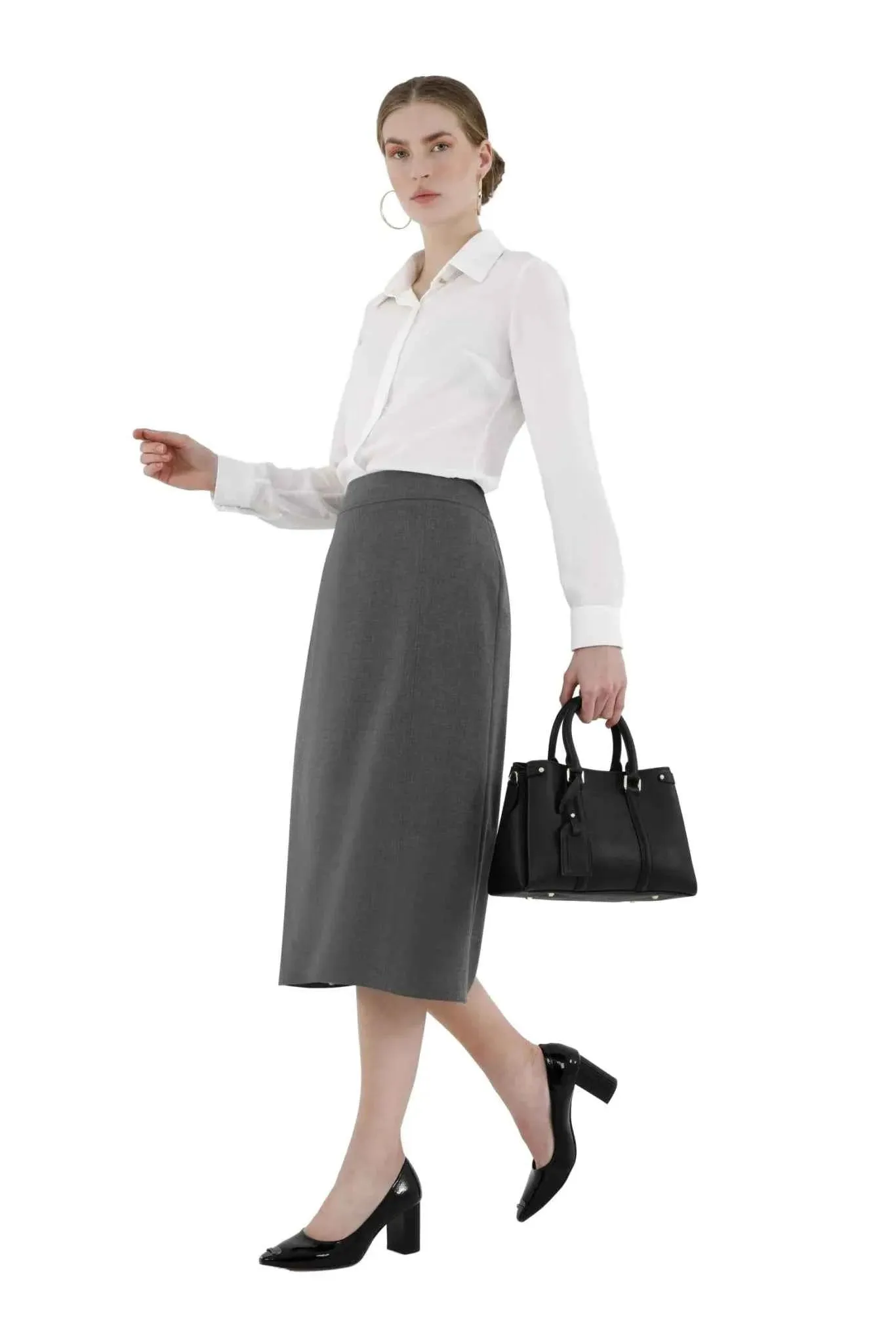 Grey Straight A-Line Midi Skirt