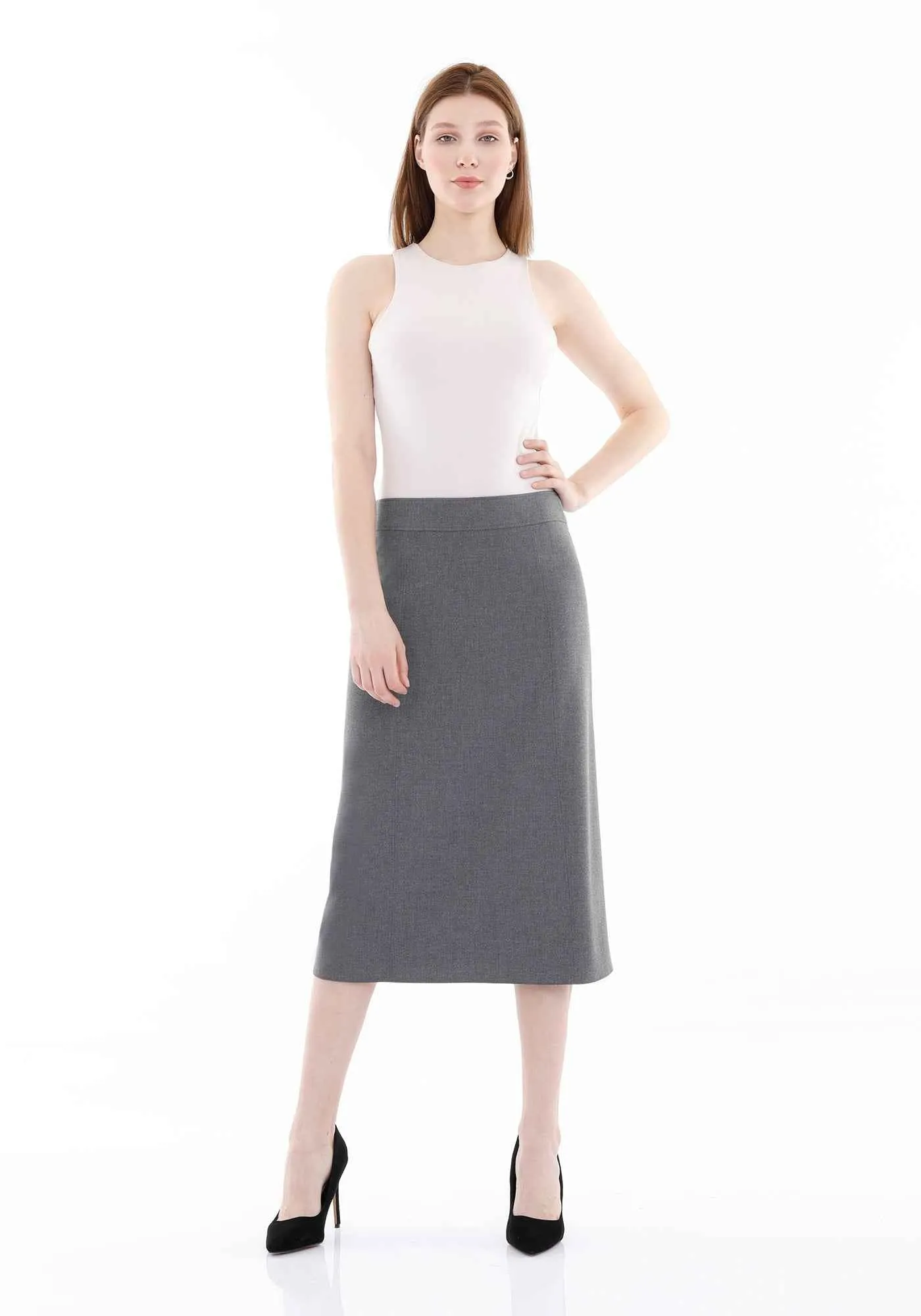 Grey Straight A-Line Midi Skirt