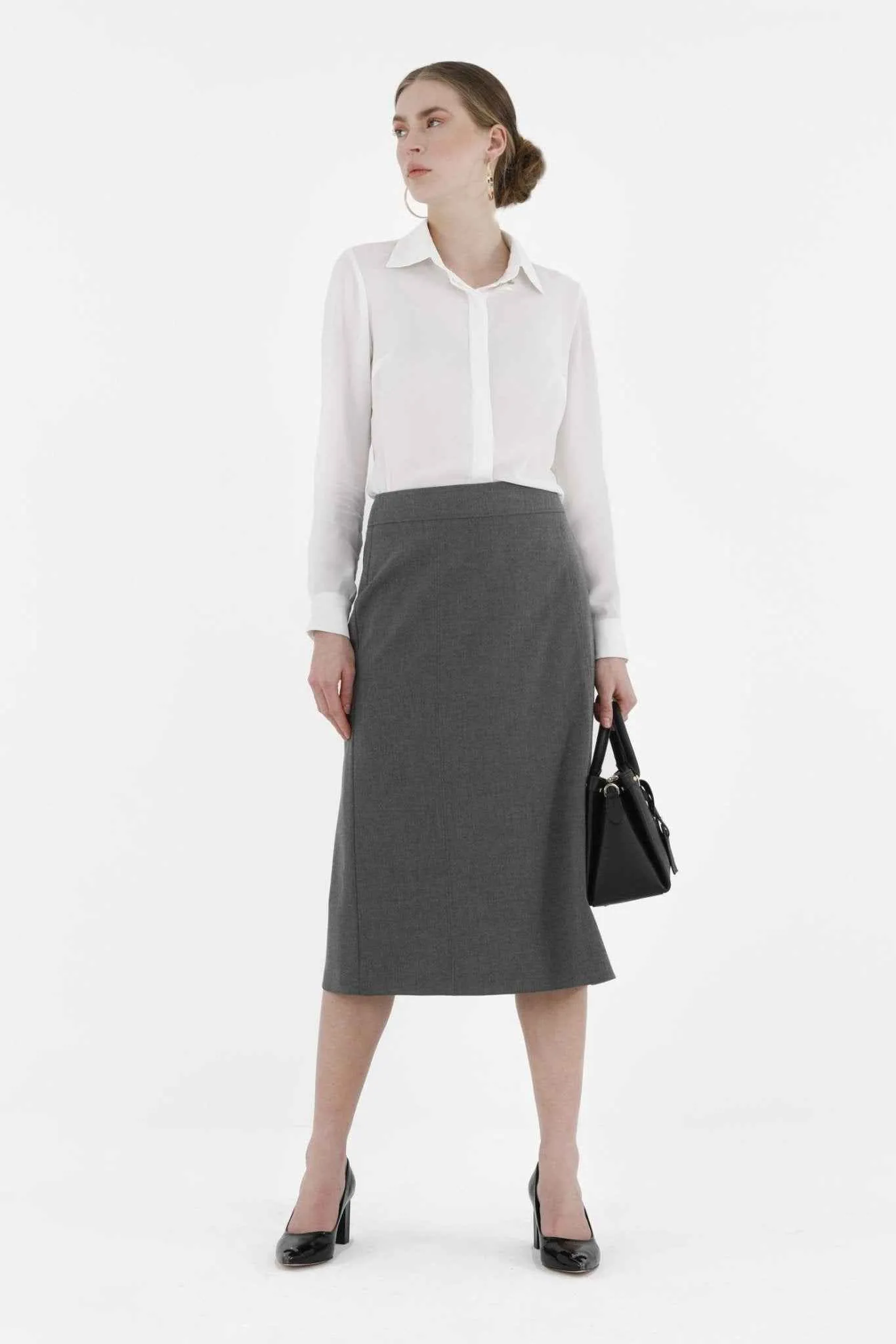 Grey Straight A-Line Midi Skirt