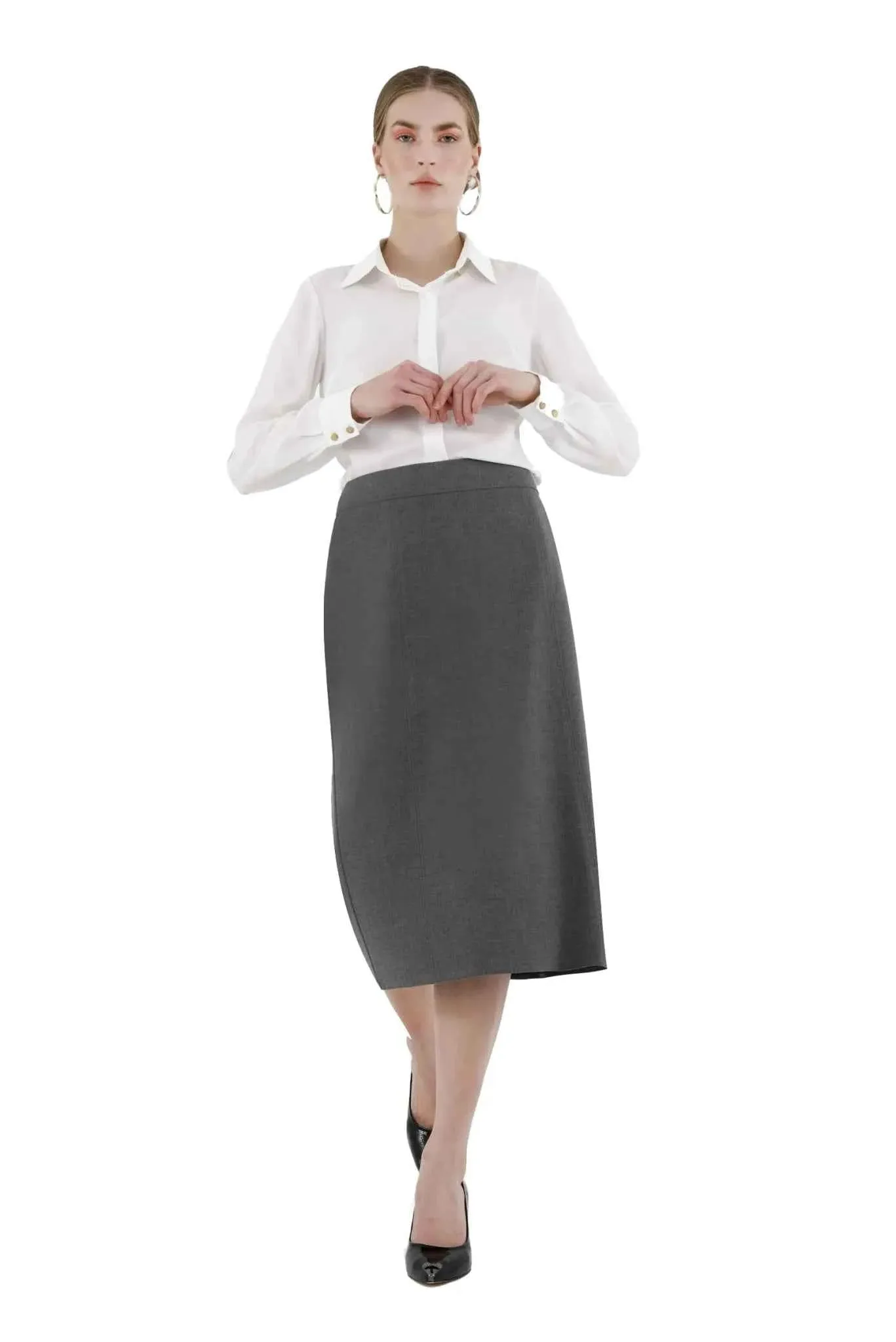 Grey Straight A-Line Midi Skirt