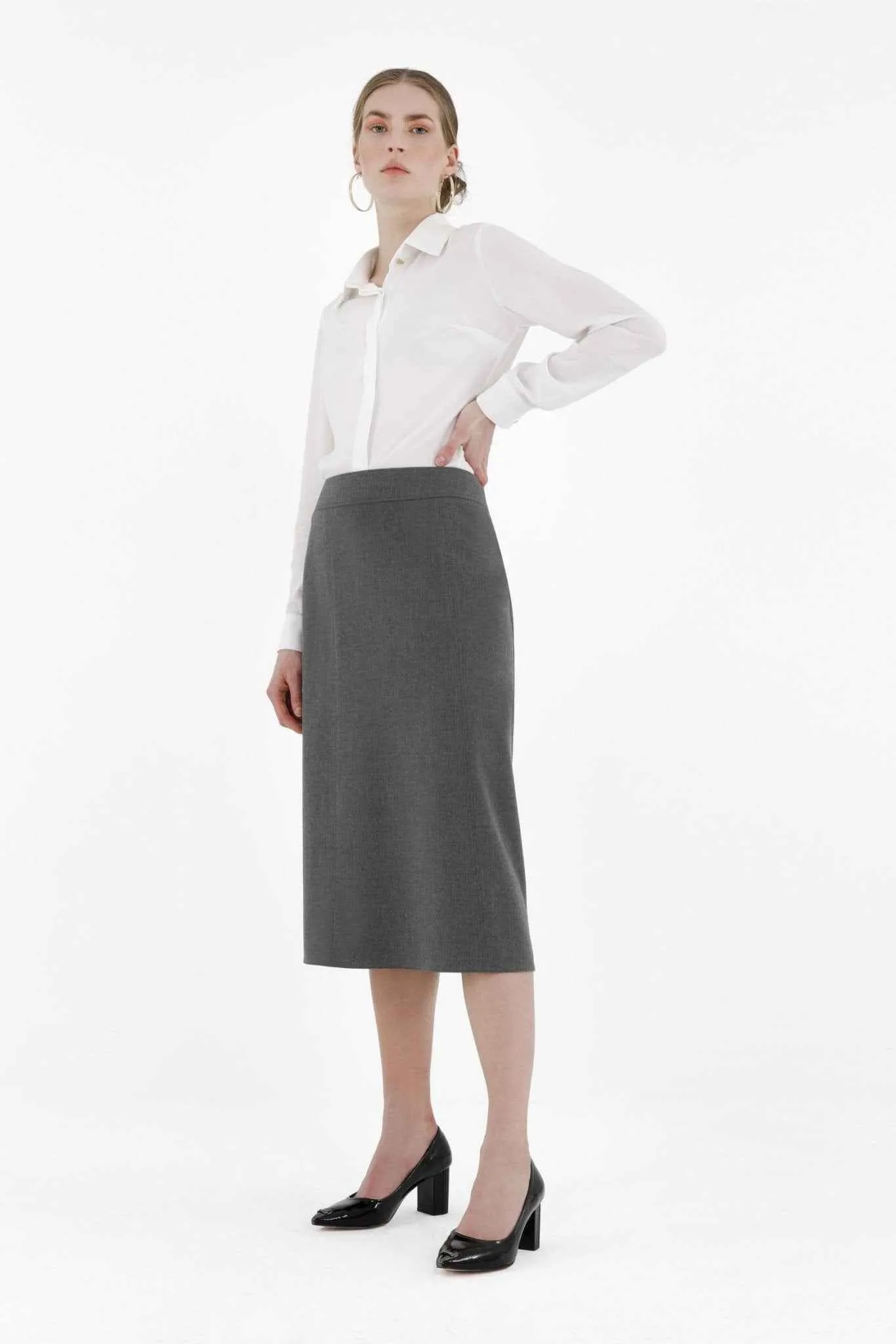Grey Straight A-Line Midi Skirt