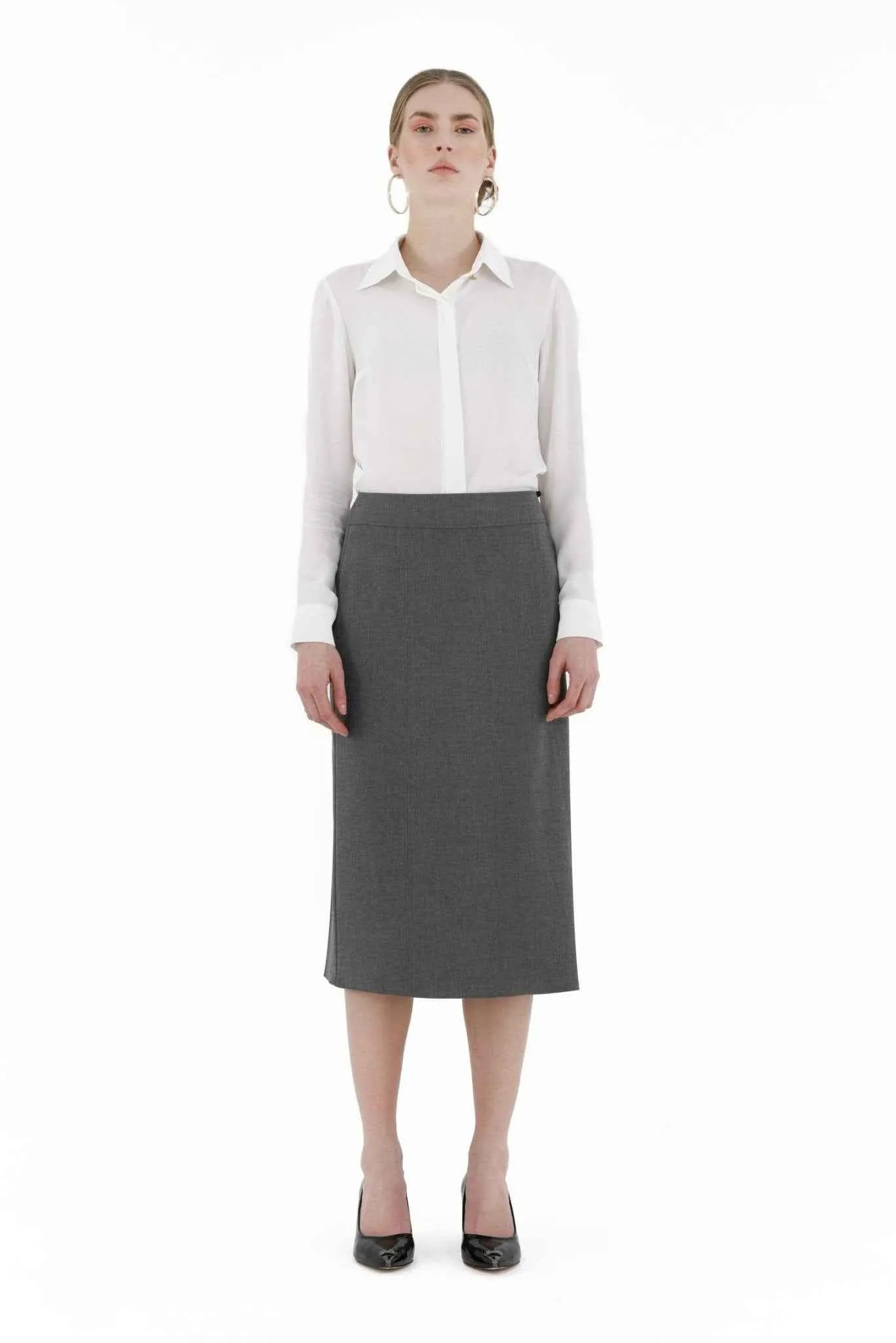Grey Straight A-Line Midi Skirt