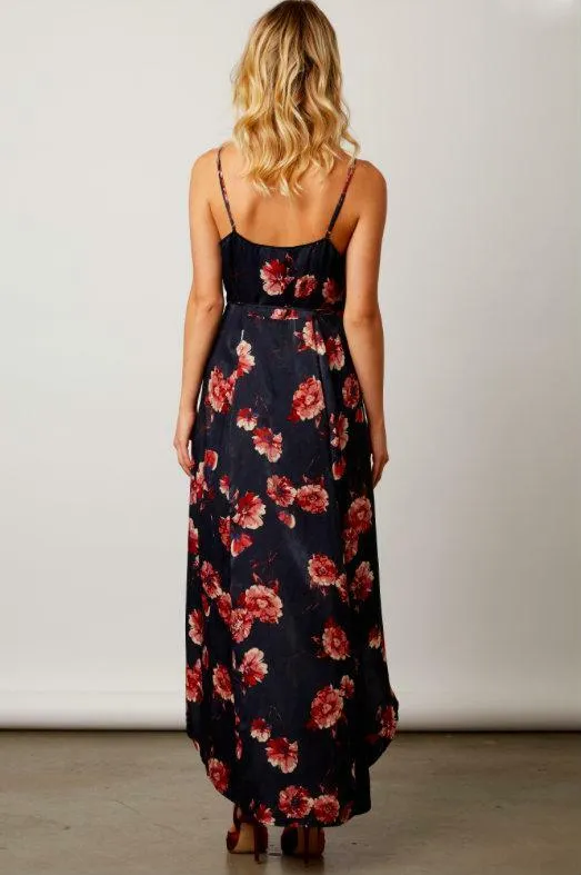 Heidi Navy Satin Floral Wrap Dress
