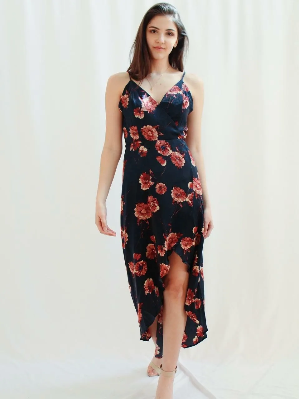 Heidi Navy Satin Floral Wrap Dress