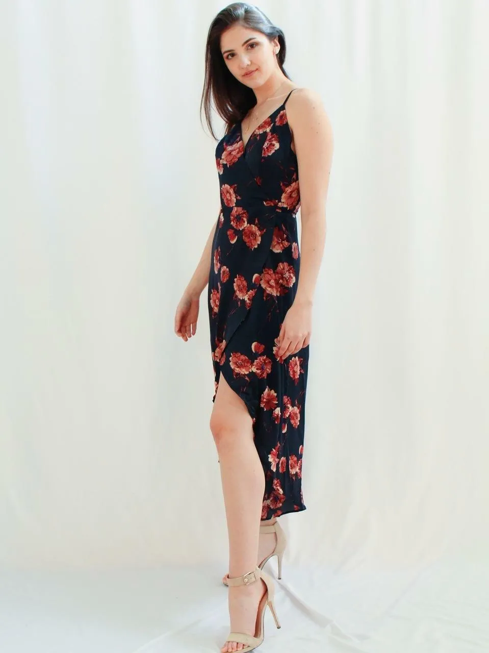 Heidi Navy Satin Floral Wrap Dress