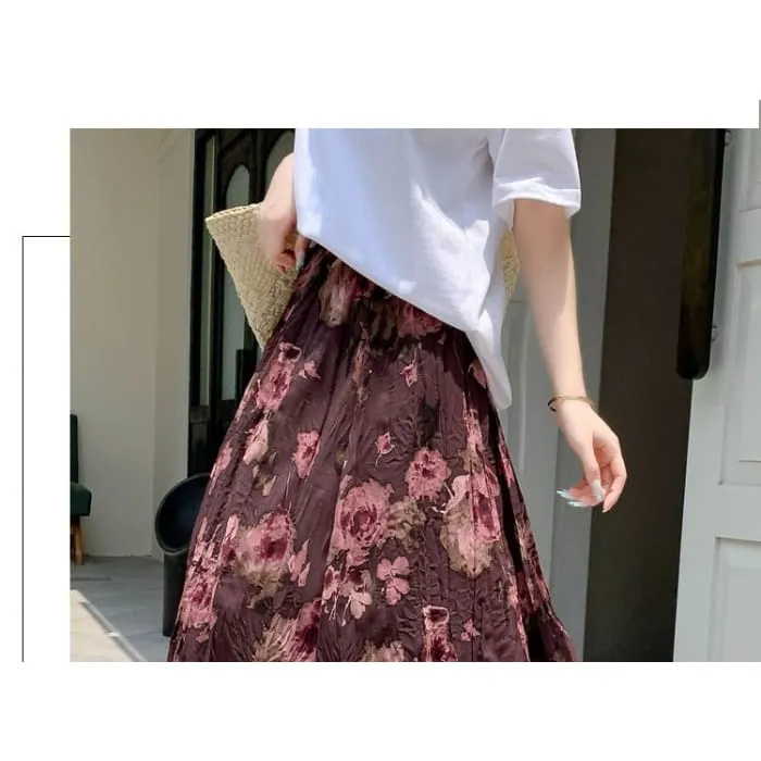 High Waist Floral Print Midi