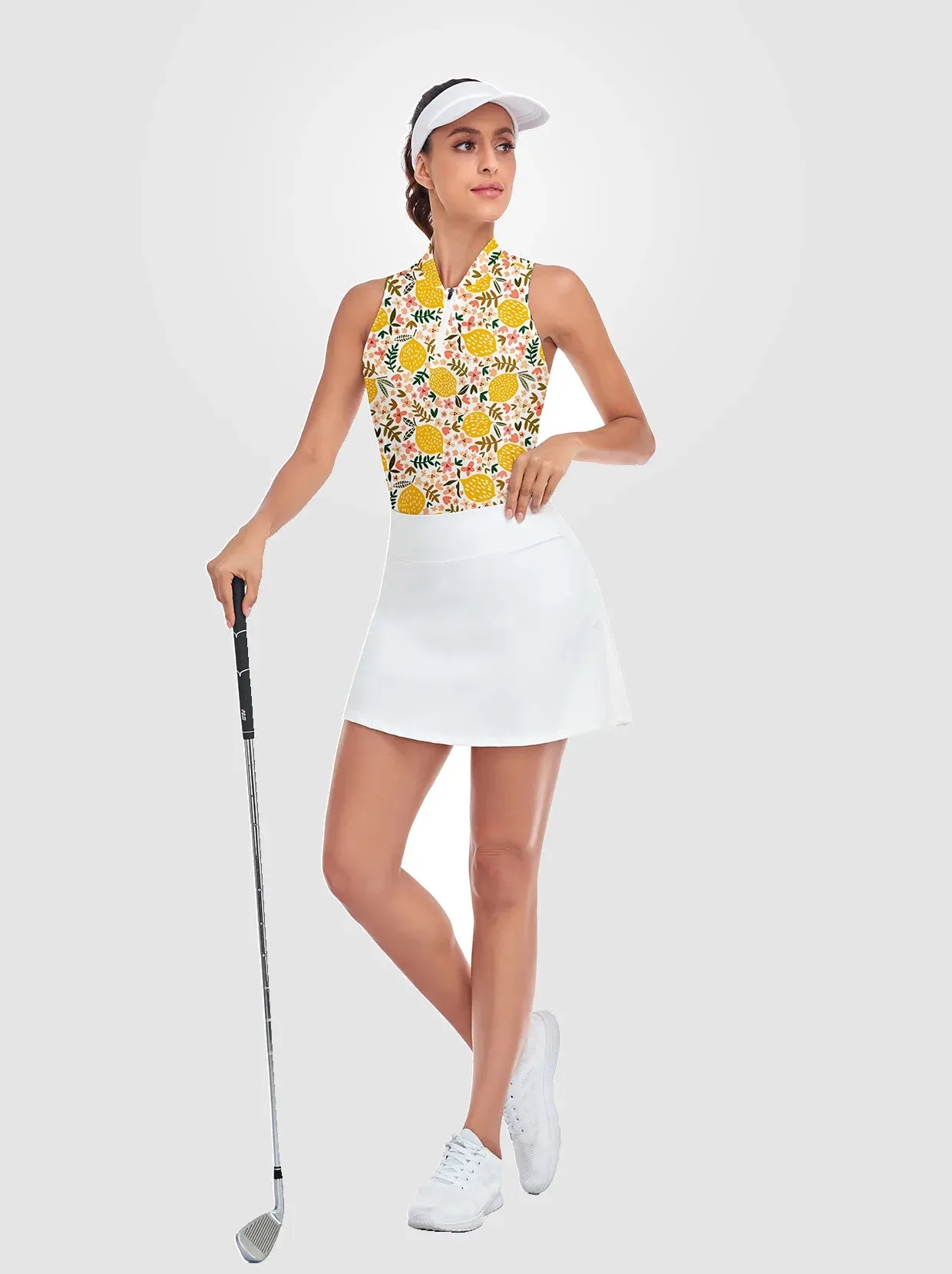 Lemon Print Quarter-zip Racerback Sleeveless Shirt For Women
