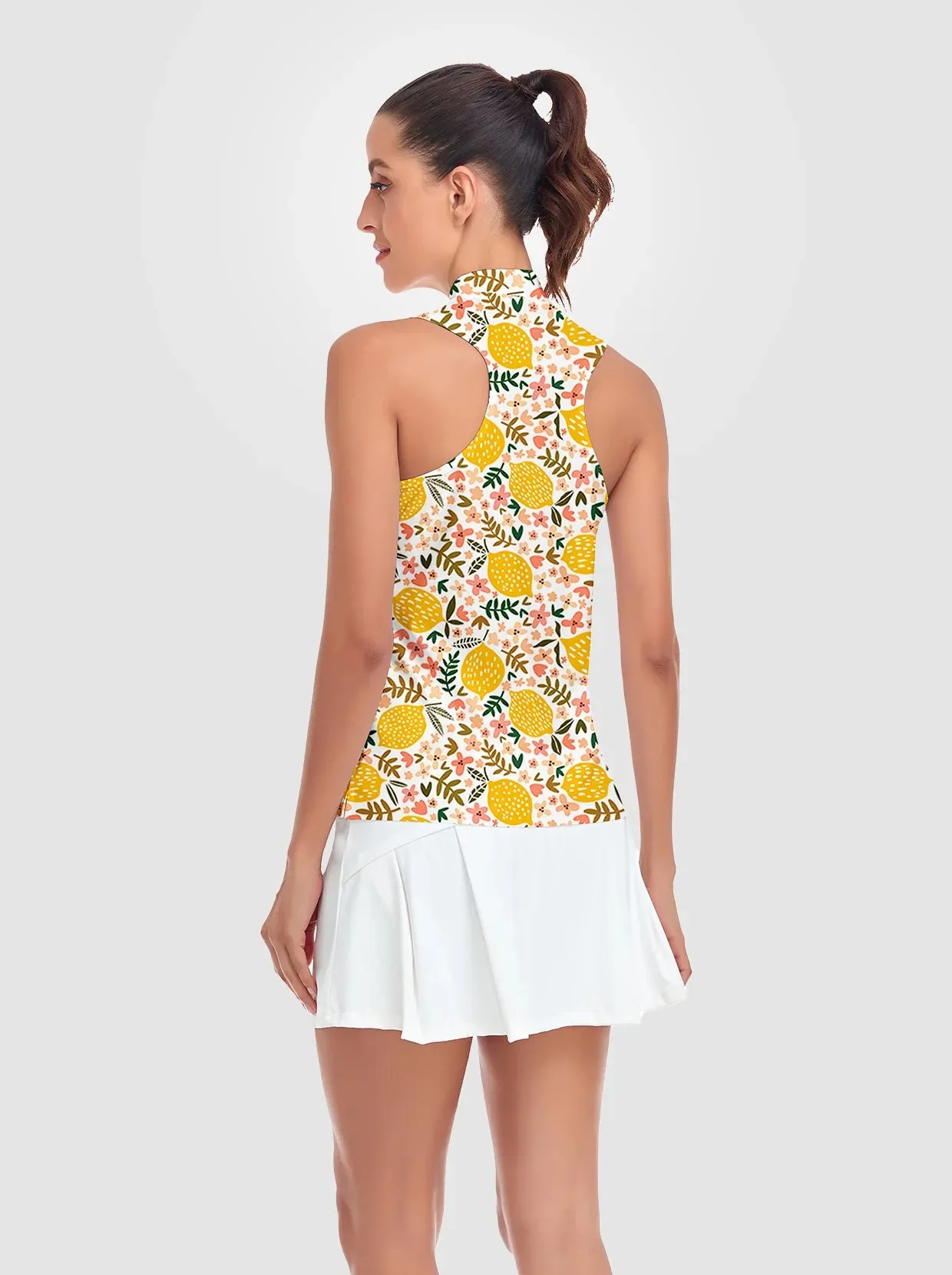Lemon Print Quarter-zip Racerback Sleeveless Shirt For Women