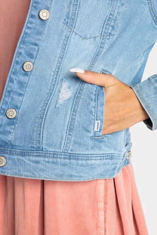 Light Blue Distressed Regular Stretch Fit Denim Jacket w/Pockets
