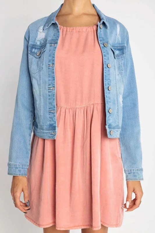 Light Blue Distressed Regular Stretch Fit Denim Jacket w/Pockets