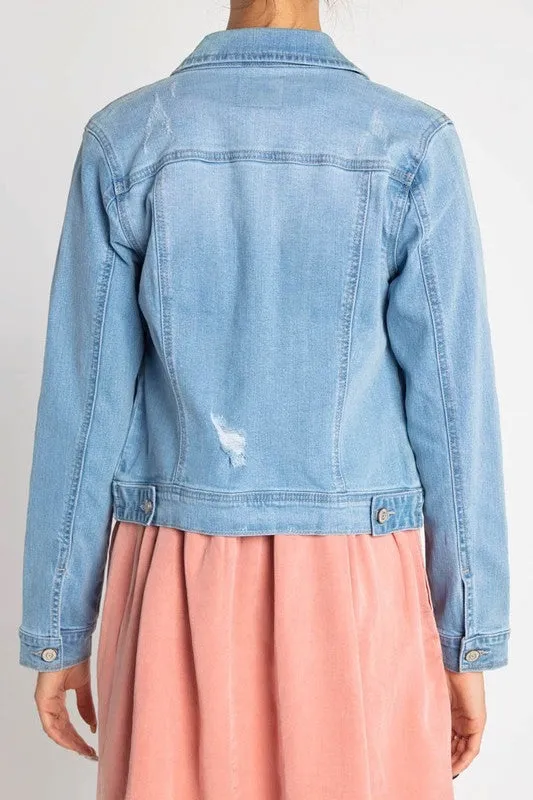 Light Blue Distressed Regular Stretch Fit Denim Jacket w/Pockets