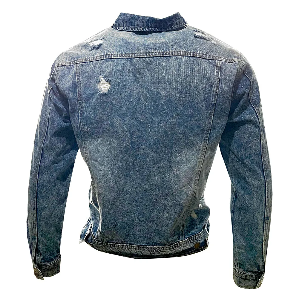 Mens Jean Jacket Premium Faded Distressed Denim Casual Button Up Cotton Coat