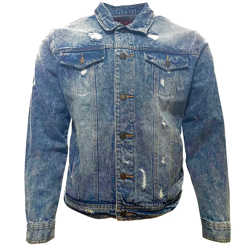 Mens Jean Jacket Premium Faded Distressed Denim Casual Button Up Cotton Coat