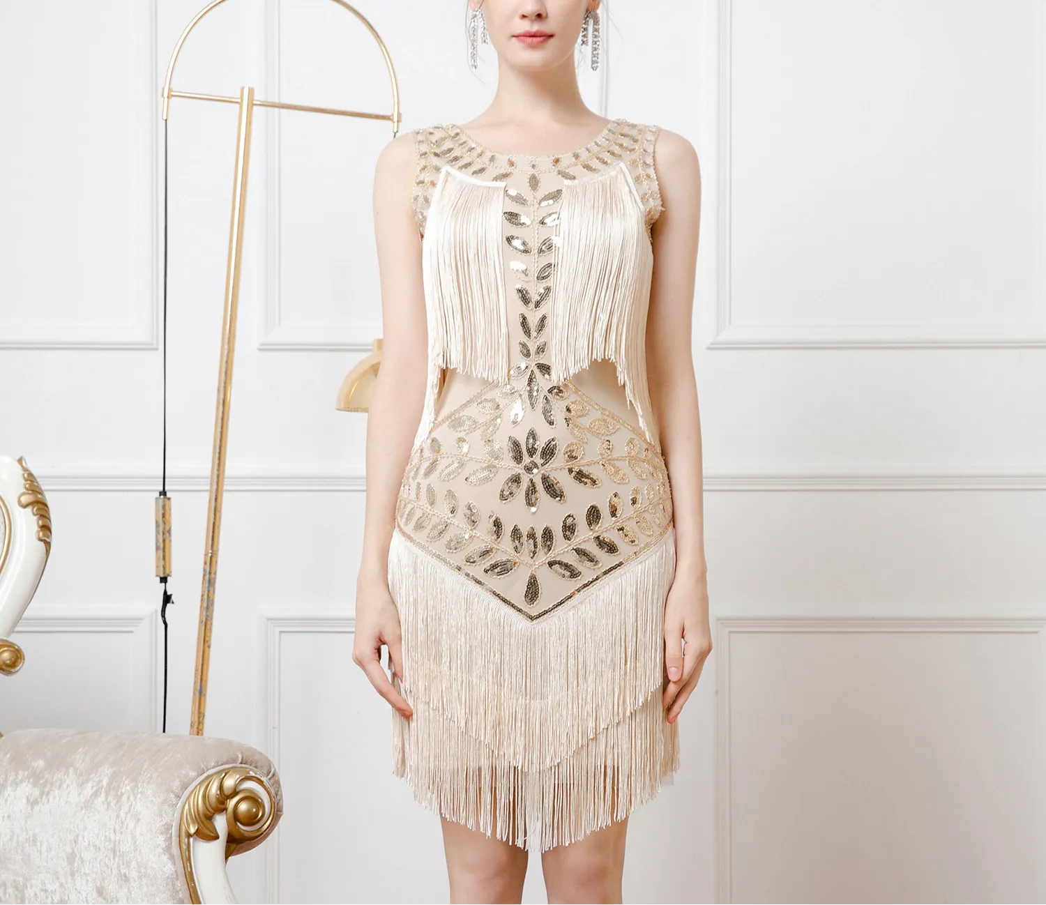 Sequin Round Sleeveless Mini Dress With Fringe
