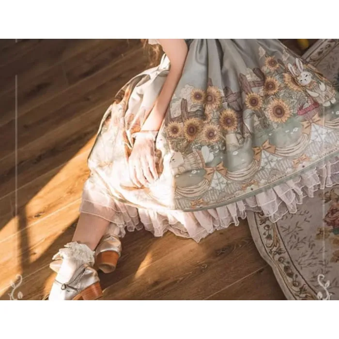 Spaghetti Lolita Strap Rabbit Print Midi A-Line Dress / Petticoat Skirt / Short-Sleeve Dotted Ruffle Lace Trim Light Jacket / Socks / Set
