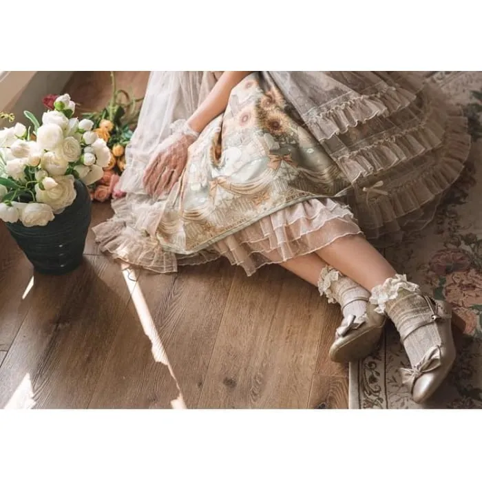 Spaghetti Lolita Strap Rabbit Print Midi A-Line Dress / Petticoat Skirt / Short-Sleeve Dotted Ruffle Lace Trim Light Jacket / Socks / Set