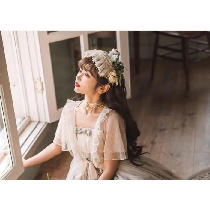 Spaghetti Lolita Strap Rabbit Print Midi A-Line Dress / Petticoat Skirt / Short-Sleeve Dotted Ruffle Lace Trim Light Jacket / Socks / Set