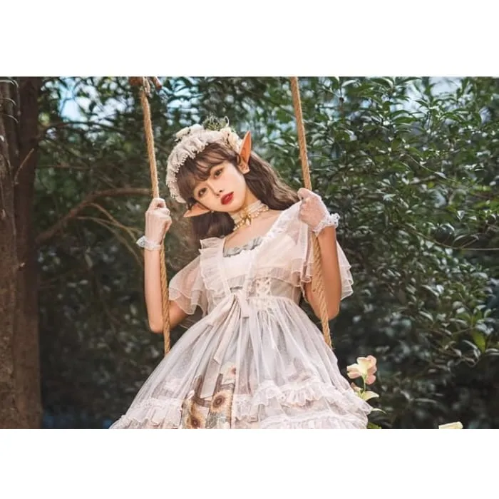 Spaghetti Lolita Strap Rabbit Print Midi A-Line Dress / Petticoat Skirt / Short-Sleeve Dotted Ruffle Lace Trim Light Jacket / Socks / Set