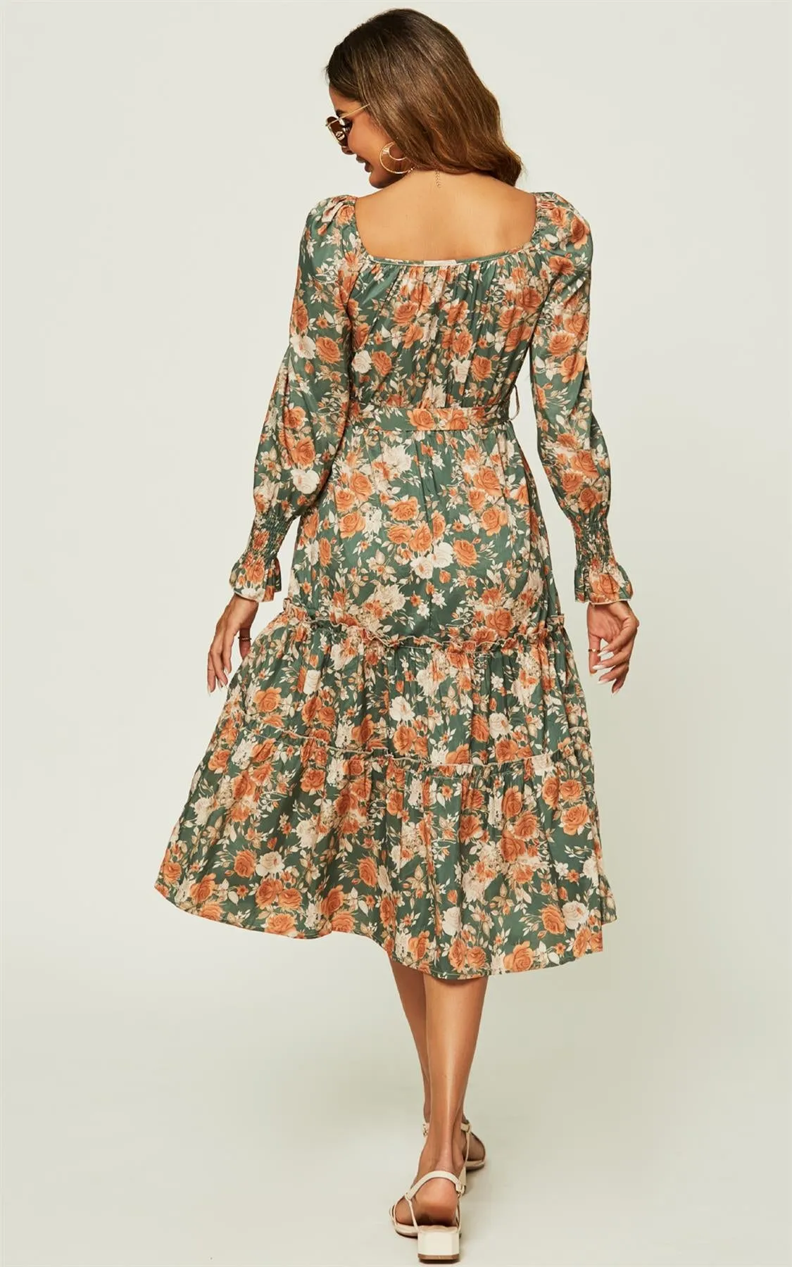 Square Neck Layered Ruffle Long Sleeves Midi Dress In Green Floral Print