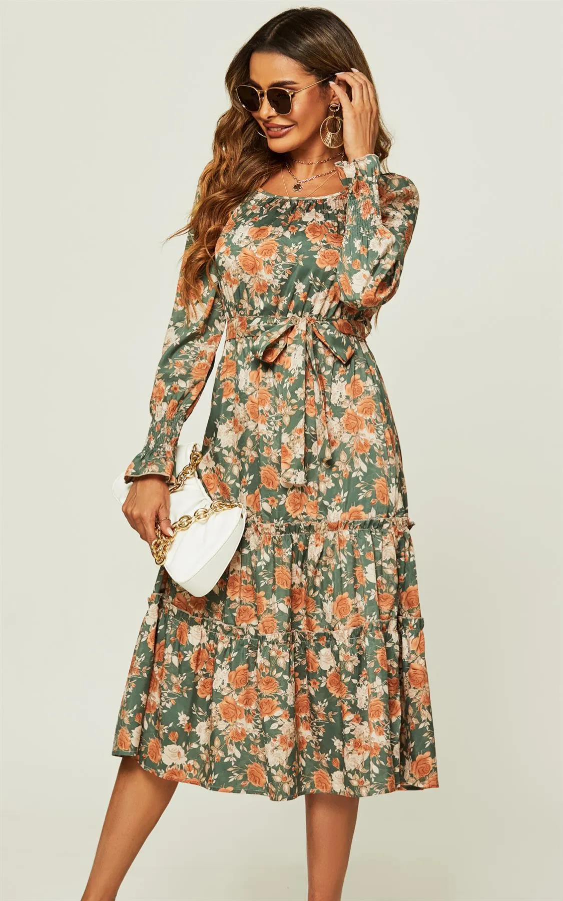 Square Neck Layered Ruffle Long Sleeves Midi Dress In Green Floral Print