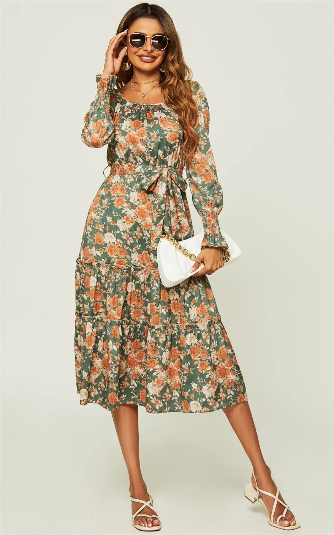 Square Neck Layered Ruffle Long Sleeves Midi Dress In Green Floral Print