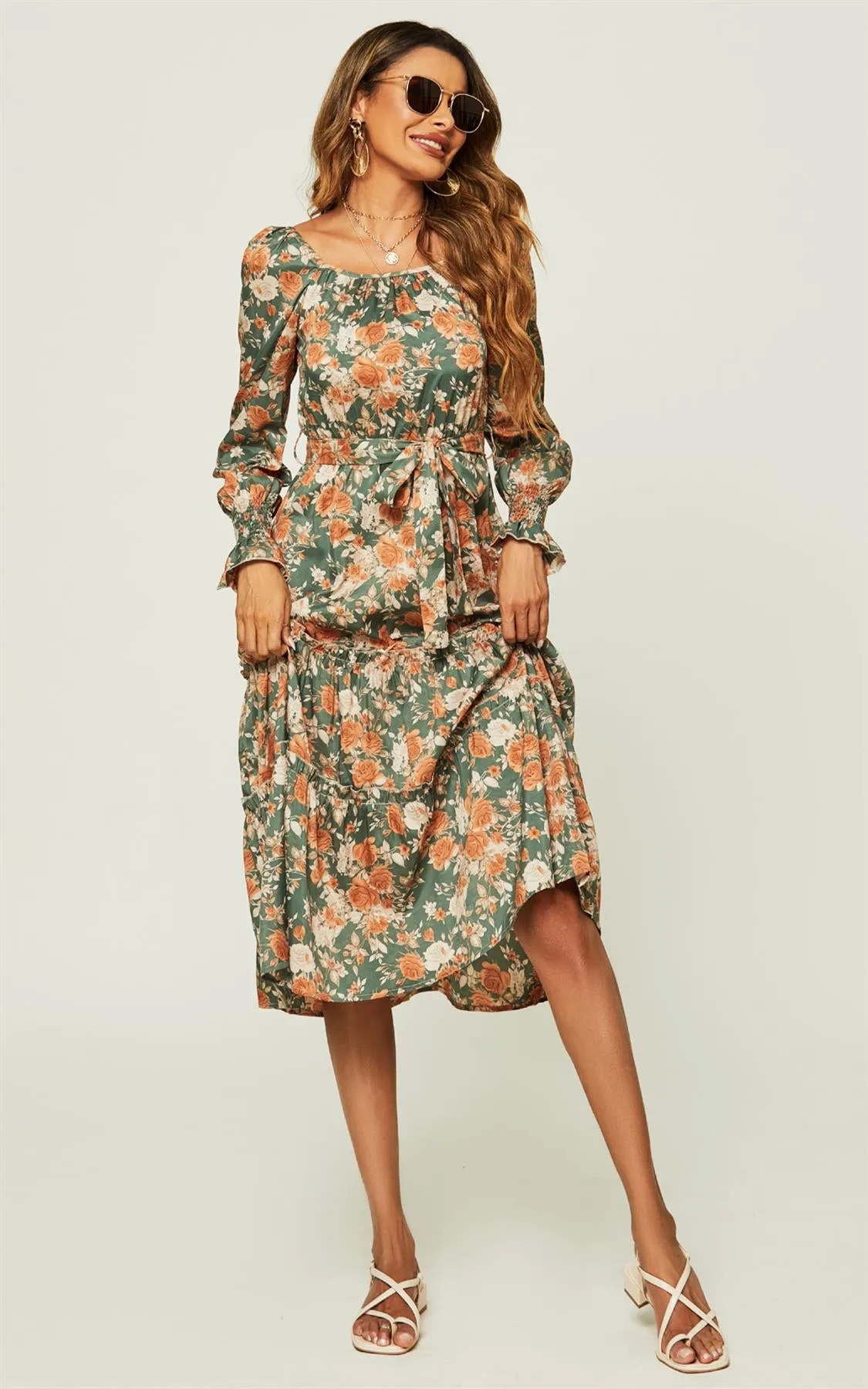 Square Neck Layered Ruffle Long Sleeves Midi Dress In Green Floral Print