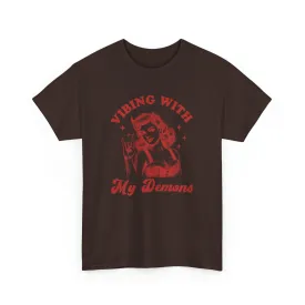 Vibin With My Demons Shirt, Funny Vintage Demon Shirt, Skeleton Rock Hand Shirt, Trendy Front And Back Tee, Sarcastic Shirt, Halloween Shirt