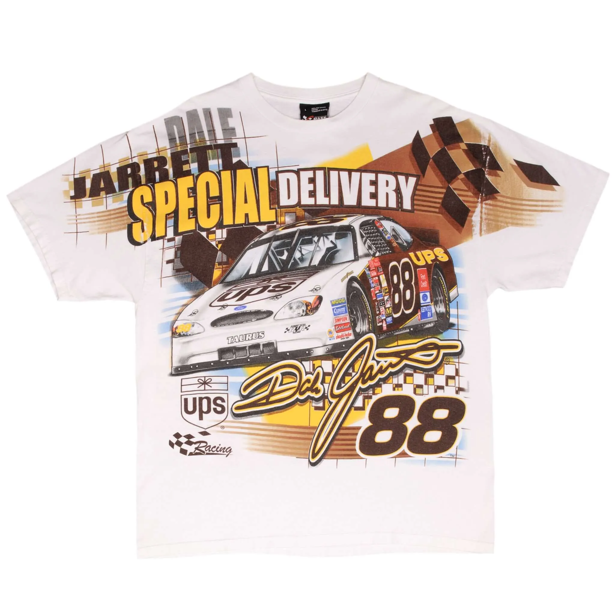 VINTAGE NASCAR DALE JARRET UPS ALL OVER PRINT EARLY 2000S TEE SHIRT SIZE LARGE