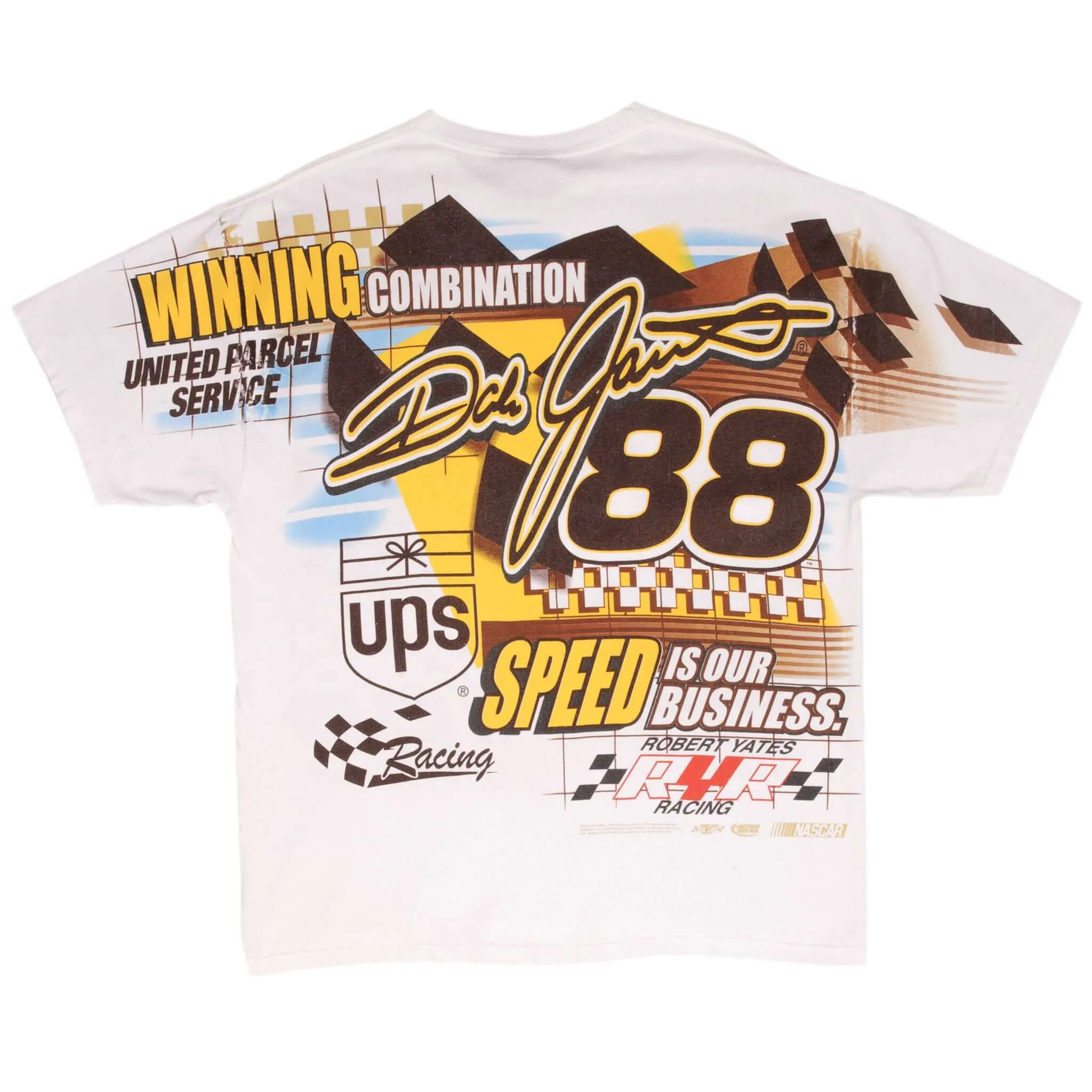 VINTAGE NASCAR DALE JARRET UPS ALL OVER PRINT EARLY 2000S TEE SHIRT SIZE LARGE