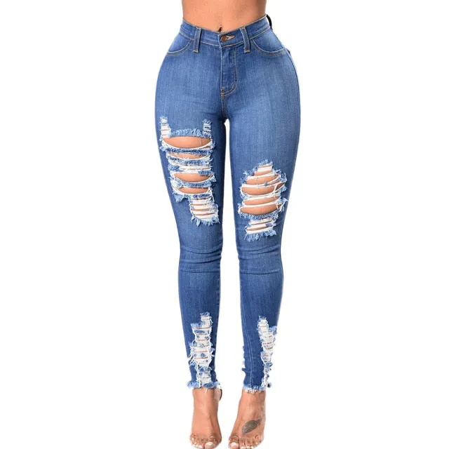 Women Denim Skinny Trousers High Waist Jeans Destroyed Knee Holes Pencil Pants Trousers Stretch Ripped Boyfriend Female