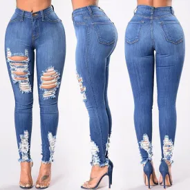Women Denim Skinny Trousers High Waist Jeans Destroyed Knee Holes Pencil Pants Trousers Stretch Ripped Boyfriend Female