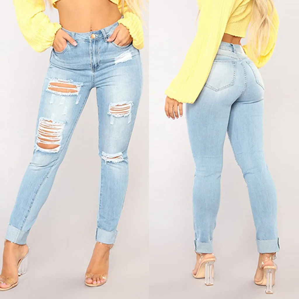 Women High Waist Jeans Pants Elastic Holes Denim Jeans 3 Season Pencil Pants Woman Casual Skinny Ripped Jeans Trousers #3